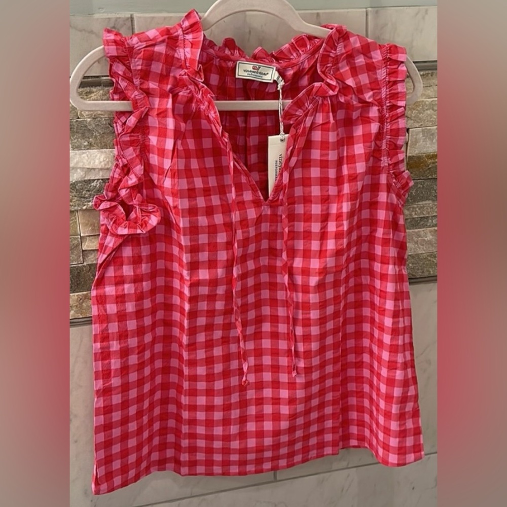 Vineyard Vines Harbor Gingham Ruffle Popover Top Sz L - Picture 7 of 9